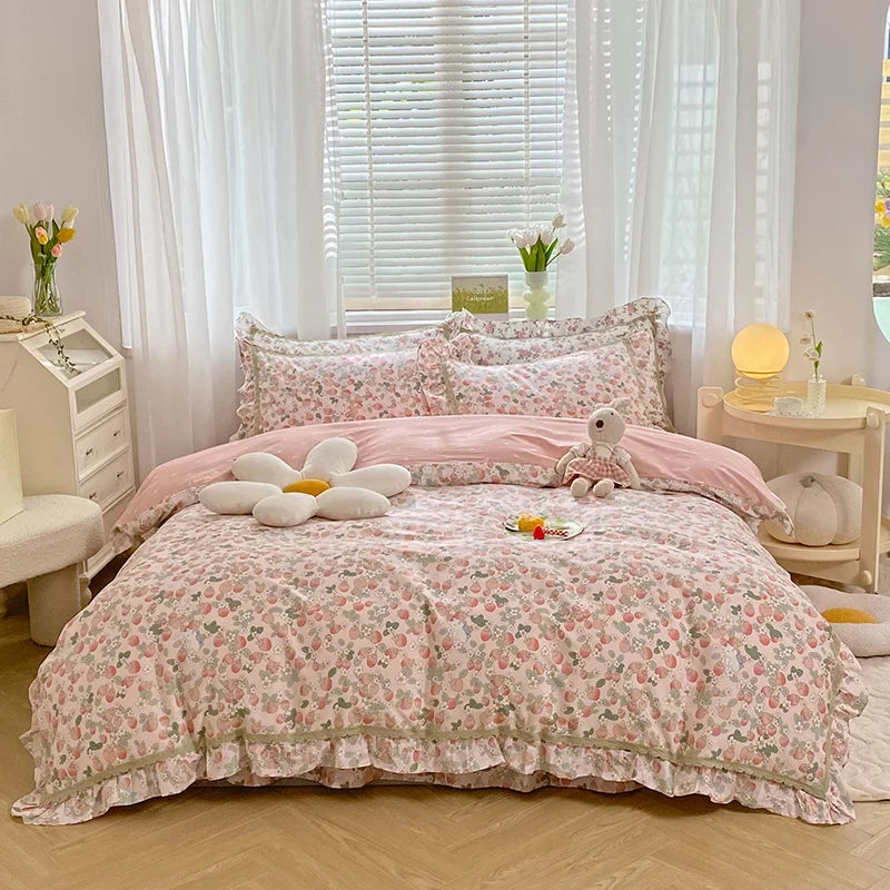 Afralia™ Princess Floral Cotton Bedding Set with Ruffled Edge