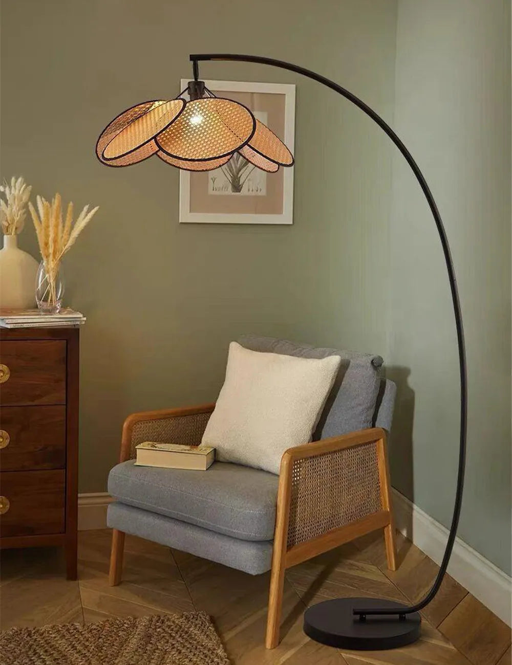Afralia™ Rattan Art Leaf Grid Chandelier Floor Lamp for Modern Living Room & Bedroom