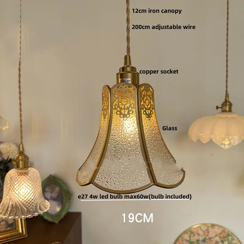 Afralia™ Walnut Wood & Copper Glass Pendant Light Fixture, LED Dining Room Luminaire