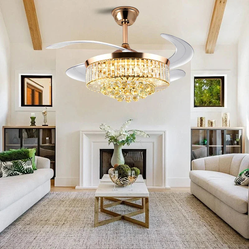 Afralia™ Luxury Crystal Ceiling Fan Lights Remote Control, Modern Retractable Chandelier Fan