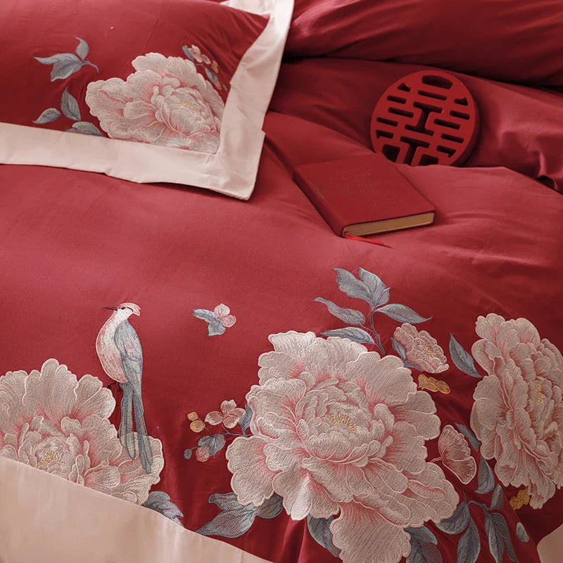 Afralia™ Luxury Chinese Flowers Embroidery Wedding Bedding Set Pillowcases