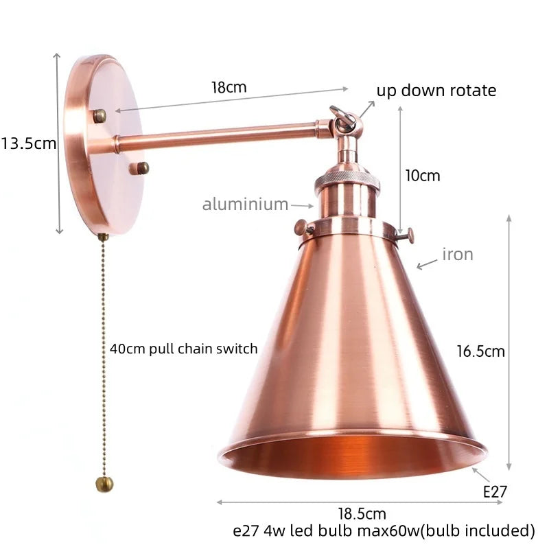 Afralia™ Vintage LED Pull Chain Wall Lights, Industrial Retro Iron Aisle Bedside Lamp