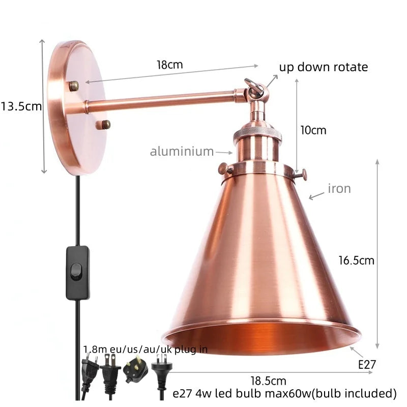 Afralia™ Vintage Industrial Gold Wall Lamp for Restaurant Coffee Bar Stair Bedroom Loft