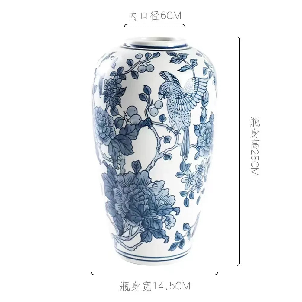 Afralia™ Blue White Porcelain Vase Vintage Ceramic Flower Home Decor Jar