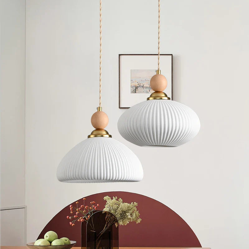 Afralia™ White Ceramic LED Pendant Lamp Copper Modern Wood Nordic Hanging Lights