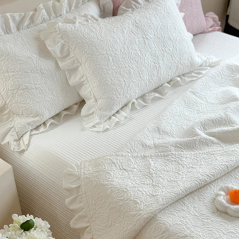 Afralia™ Rose Flower Bed Cover Set: Quilted Washed Cotton with Lace Ruffles, Two-Sided Design