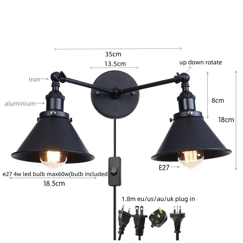 Afralia™ Loft Iron LED Wall Lamp 2 Heads Living Room Vintage Industrial Style Light