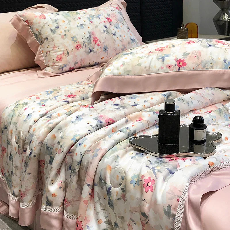 Afralia™ Lyocell Fiber Flowers Summer Quilt Bedding Set - Soft & Silky Comforter with Bed Sheet