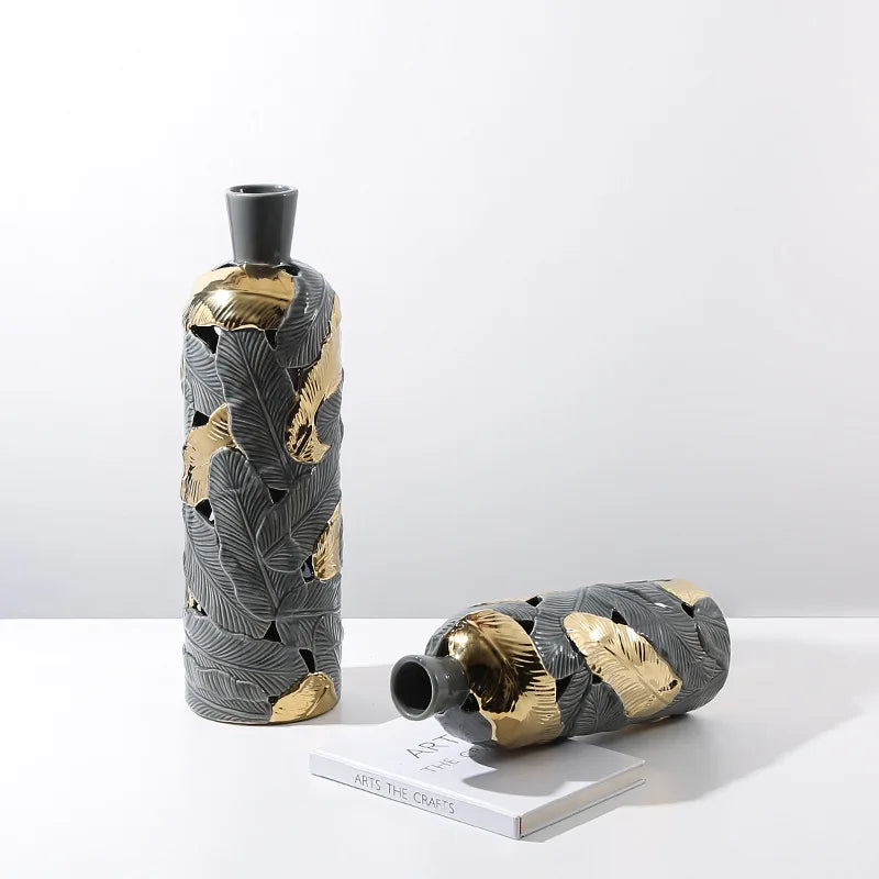 Afralia™ Feather Pattern Ceramic Vase in Gray and Gold - Home Decor Accent