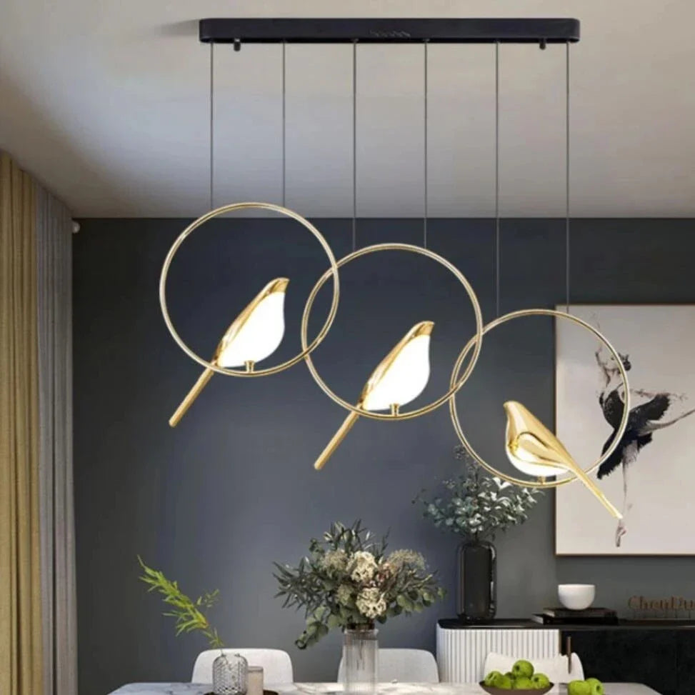 Afralia™ Gold Magpie Bird Ceiling Chandelier | Modern LED Ring Light for Dining Room & Decor