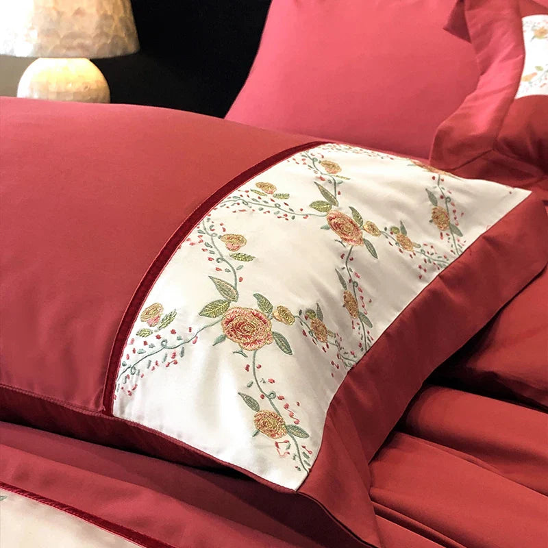 Afralia™ Luxury Rose Flowers Embroidery Bedding Set in Red
