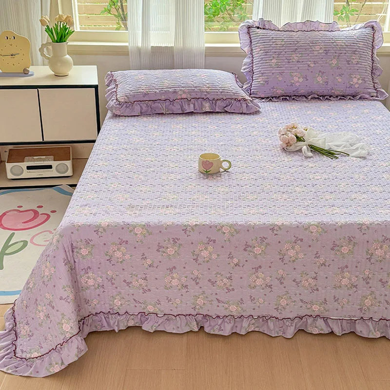 Afralia™ Princess Quilted Bed Cover: Korean Washed Cotton, Single, Lace Detail, Skin-Friendly Fabrics