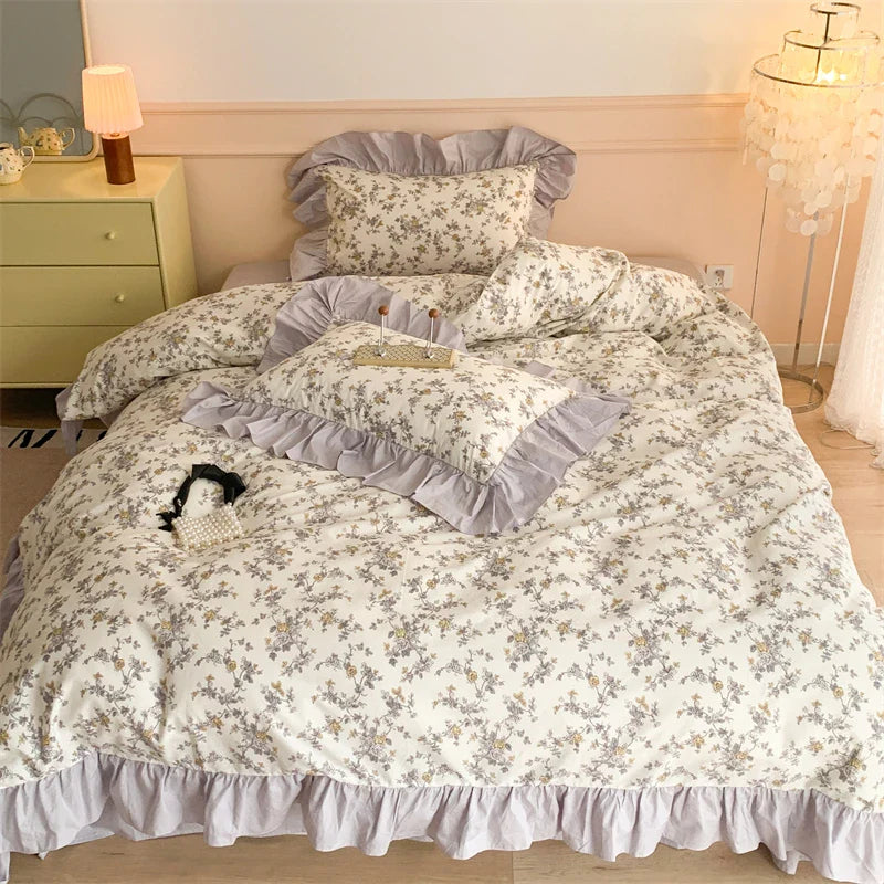 Afralia™ French Floral Cotton Bedding Set with Big Lace Ruffles, Fresh Flowers