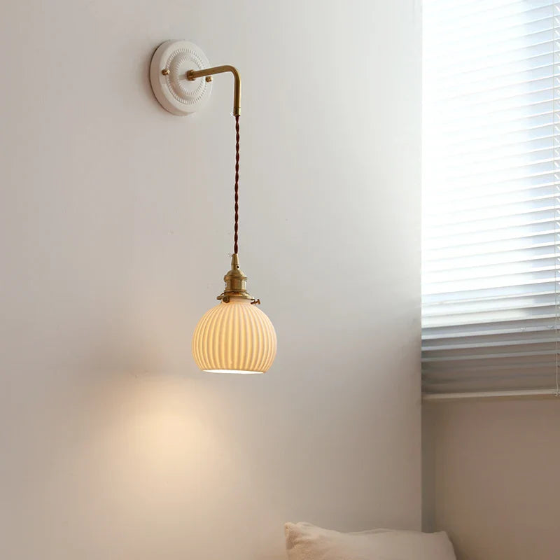 Afralia™ Small Pleats Ceramic LED Wall Light for Bedroom Stair Bathroom with Copper Arm