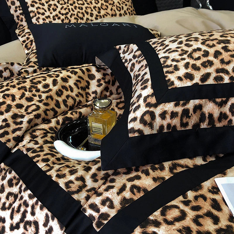Afralia™ Leopard Print Lyocell Cotton Bedding Set, Luxury Duvet Cover, Sheet & Pillowcases
