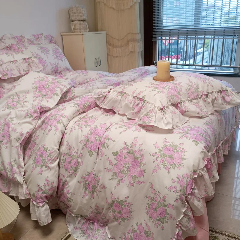 Afralia™ French Rose Flowers Print Lace Ruffles Cotton Bedding Set - Duvet, Bed Skirt, Sheets & Pillowcases