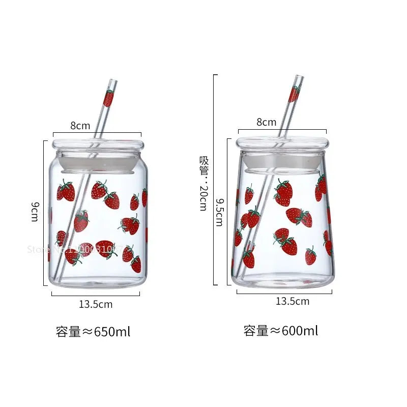 Afralia™ Glass Cup Set with Lip Straws for Cold Drinks, Handmade, 600ml Strawberry Flavor