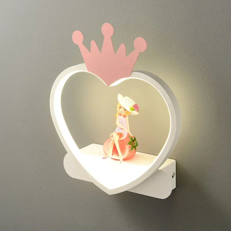 Afralia™ Nordic Heart Crown Wall Lamp for Princess Children's Room, Aisle, Bedroom - Strawberry Girl Ornament