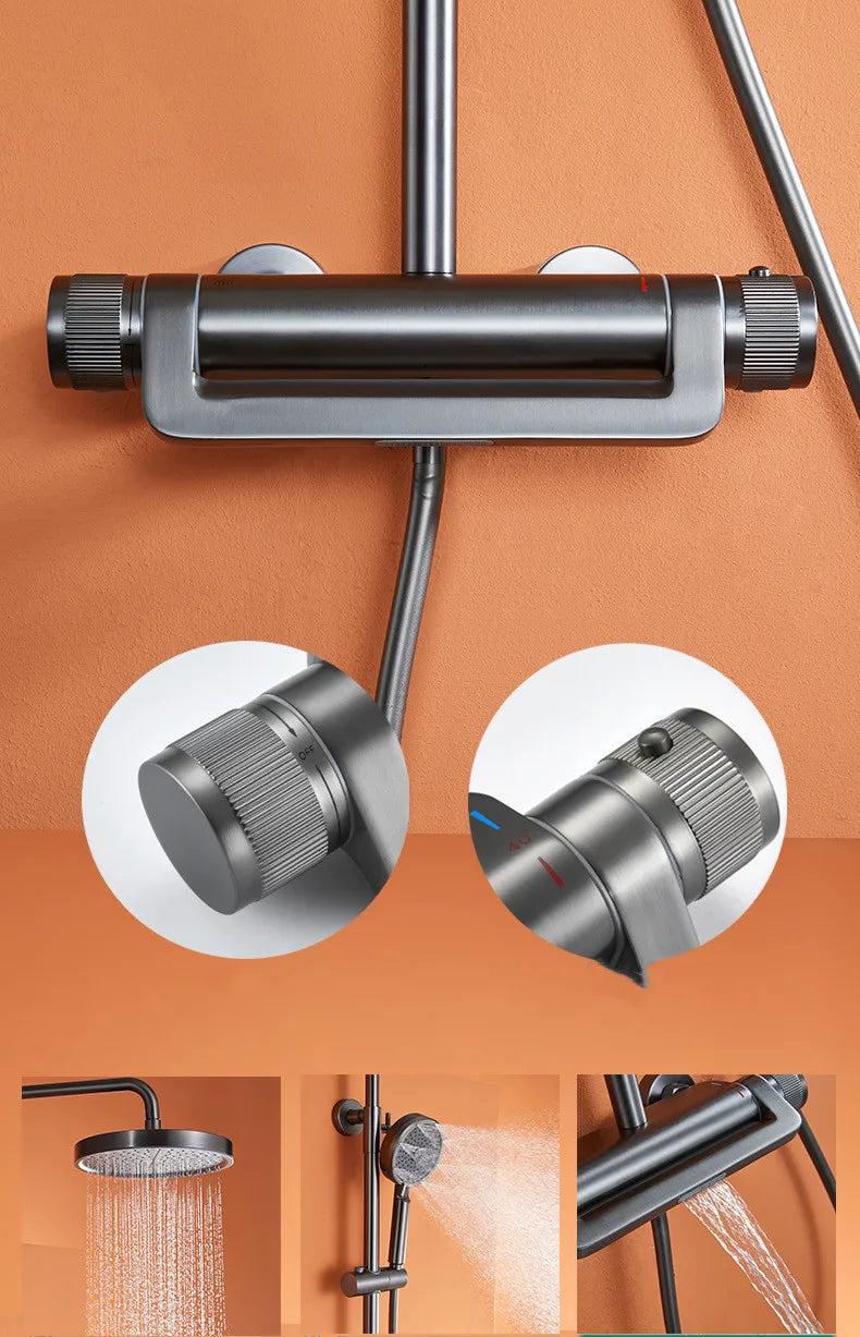 Afralia™ Gray Thermostatic Shower Faucet Set: Brass Rainfall Waterfall Bath and Shower