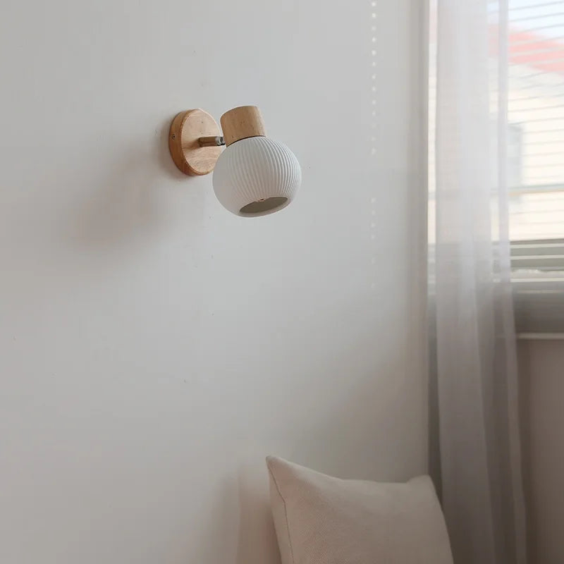 Afralia™ Ceramic LED Wall Lights with Pull Chain Switch, Modern Wood Base Bedside Lamp