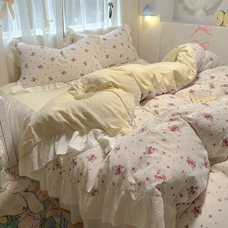 Afralia™ French Washed Cotton Princess Flower Quilt Cover Set - Spring Floral Bedding