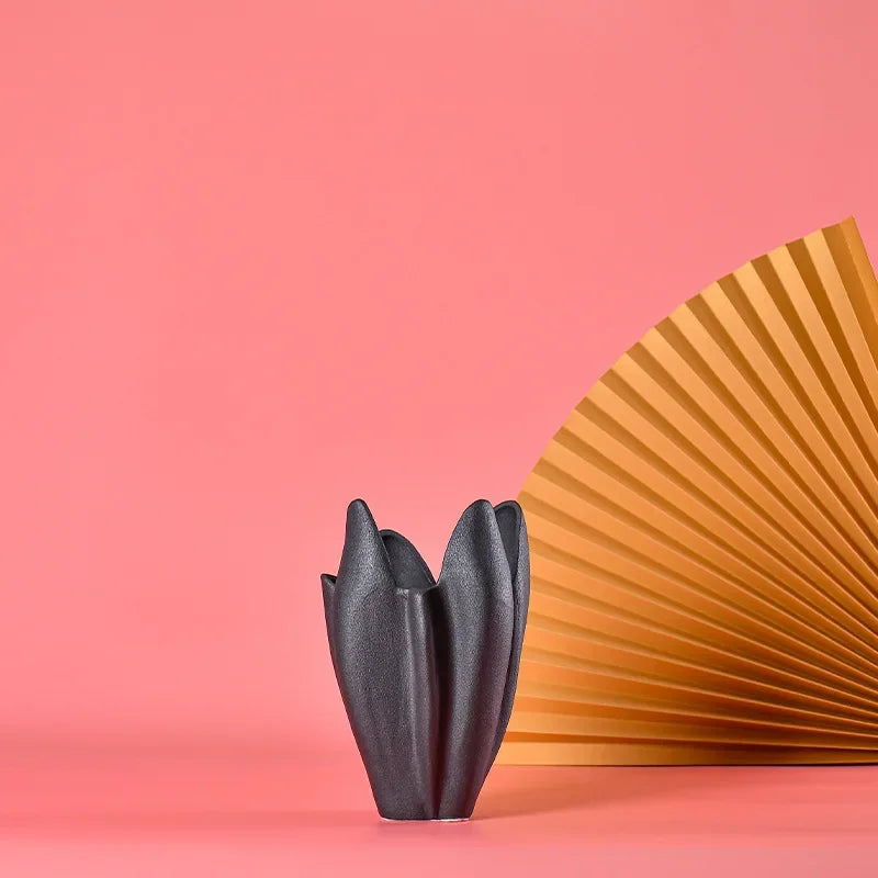 Afralia™ Black Texture Ceramic Vase Irregular Crafts Flower Arrangement Home Decoration