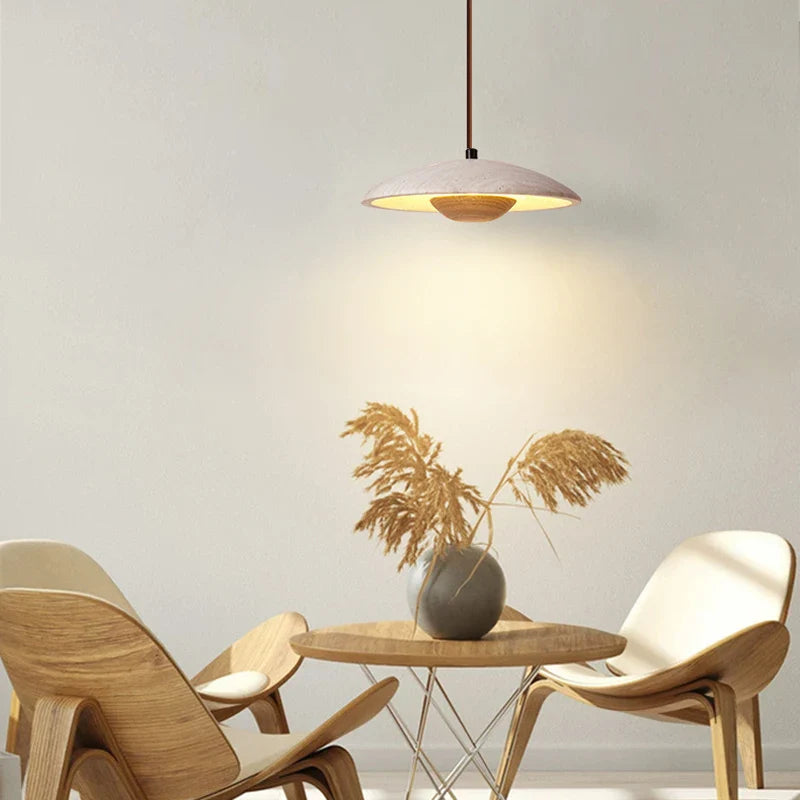 Afralia™ Wood Stone LED Pendant Lights Yellow Travertine Hanging Lamp for Living Room