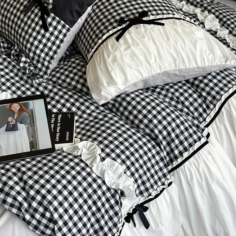 Afralia™ Checkered Ruffle Pleat Bedding Set with Bow Decoration