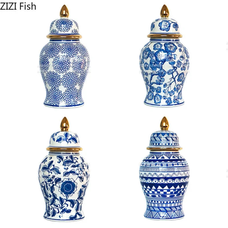 Afralia™ Blue & White Porcelain Ginger Jar: Retro Tea Caddy Vase Desk Decoration