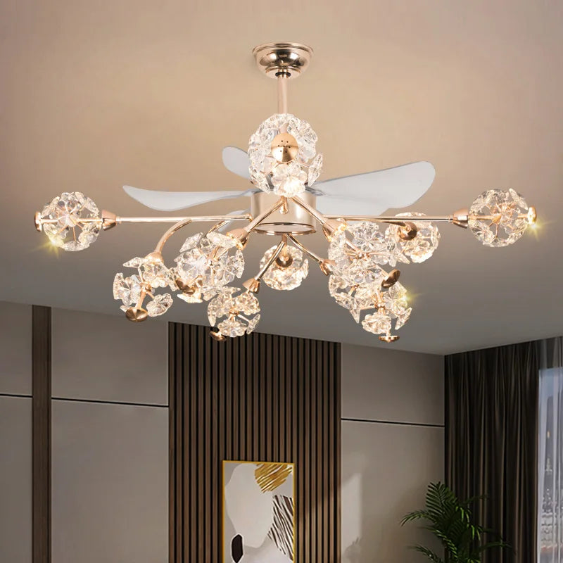 Afralia™ Crystal Chandelier Ceiling Fan with LED Light and Retractable Blades