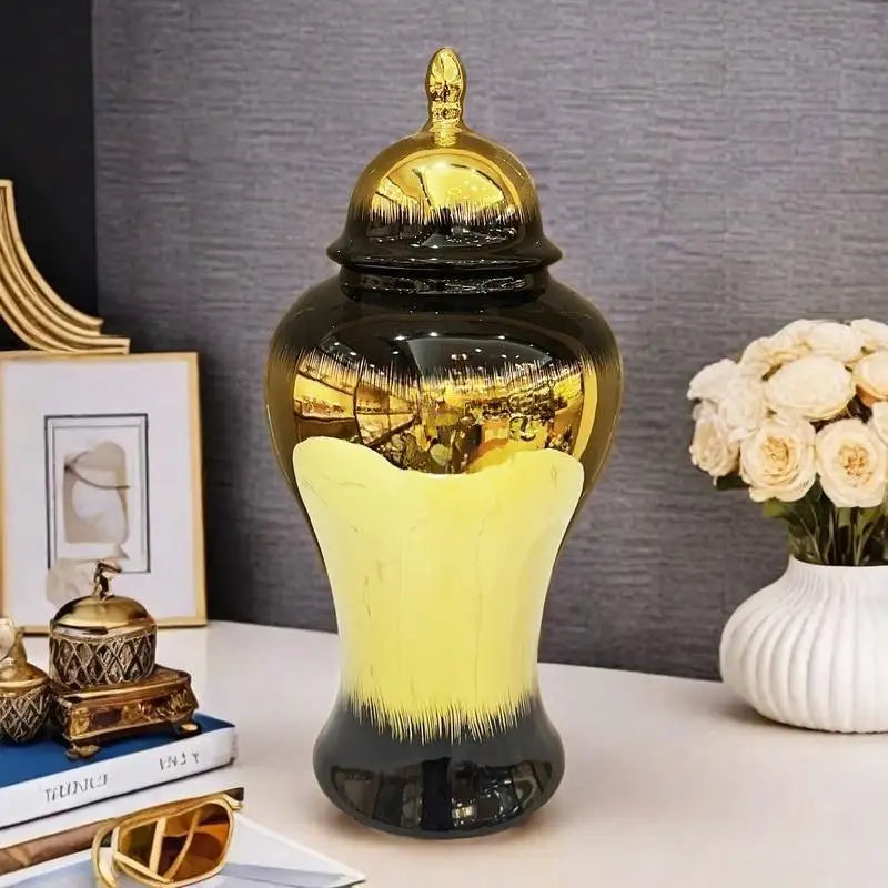 Afralia™ Black Gold Gradated Ginger Jar: Ceramic Checkmate Jar, Home Decoration Accessories