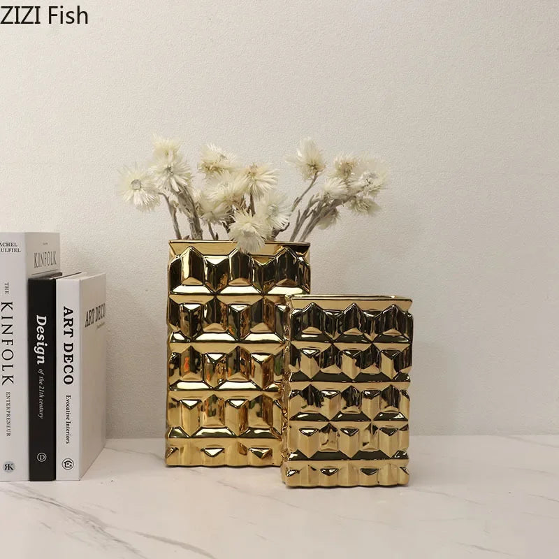 Afralia™ Golden Square Ceramic Vase with Artificial Flowers for Room Aesthetic Decor