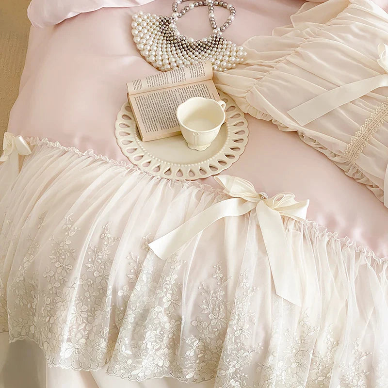 Afralia™ Pink Lace Ruffles Princess Wedding Bedding Set with Lyocell Eucalyptus Fiber