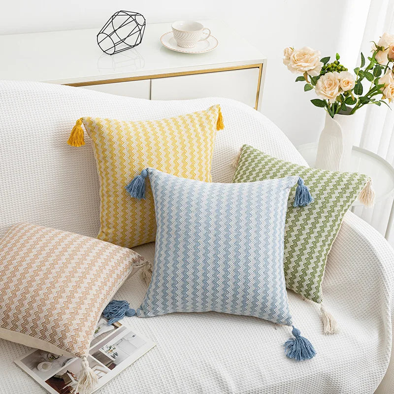 Afralia™ Jacquard Woven Cushion Cover with Tassels - Modern Minimalist Striped Design