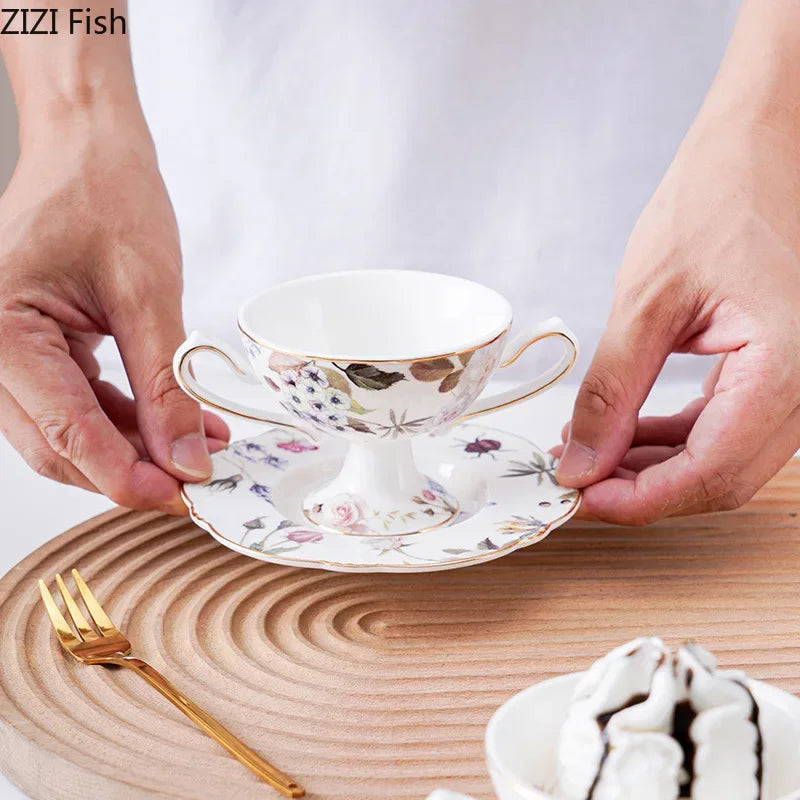 Afralia™ Gold Flower Porcelain Goblet Cup Tea Coffee Mug Juice Cup