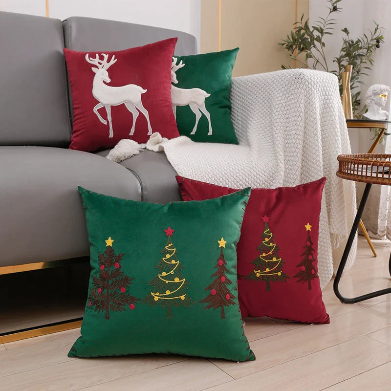 Afralia™ Christmas Velvet Embroidered Cushion Cover - 45x45cm - Red Green - Festive Decor