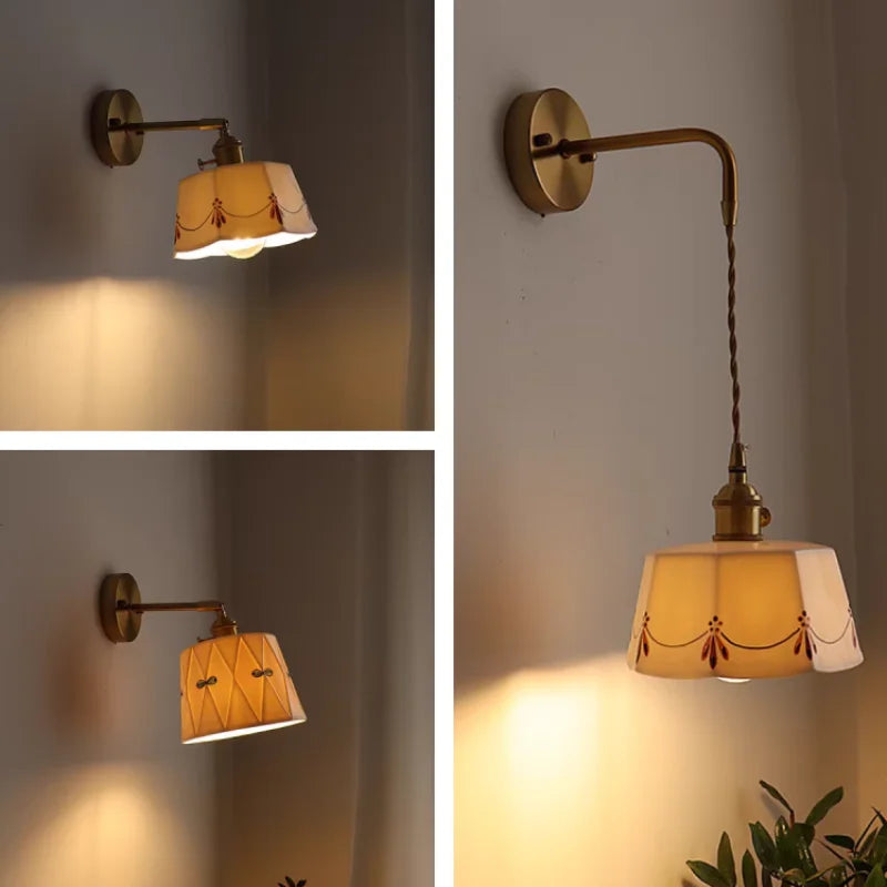 Afralia™ Ceramic Brass LED Wall Light Fixture Pull Chain Switch Bedside Lamp Sconce