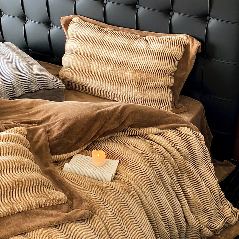 Afralia™ Winter Milk Velvet Bedding Set in Brown Grey - Soft Plush Duvet Cover, Sheet, Pillowcases