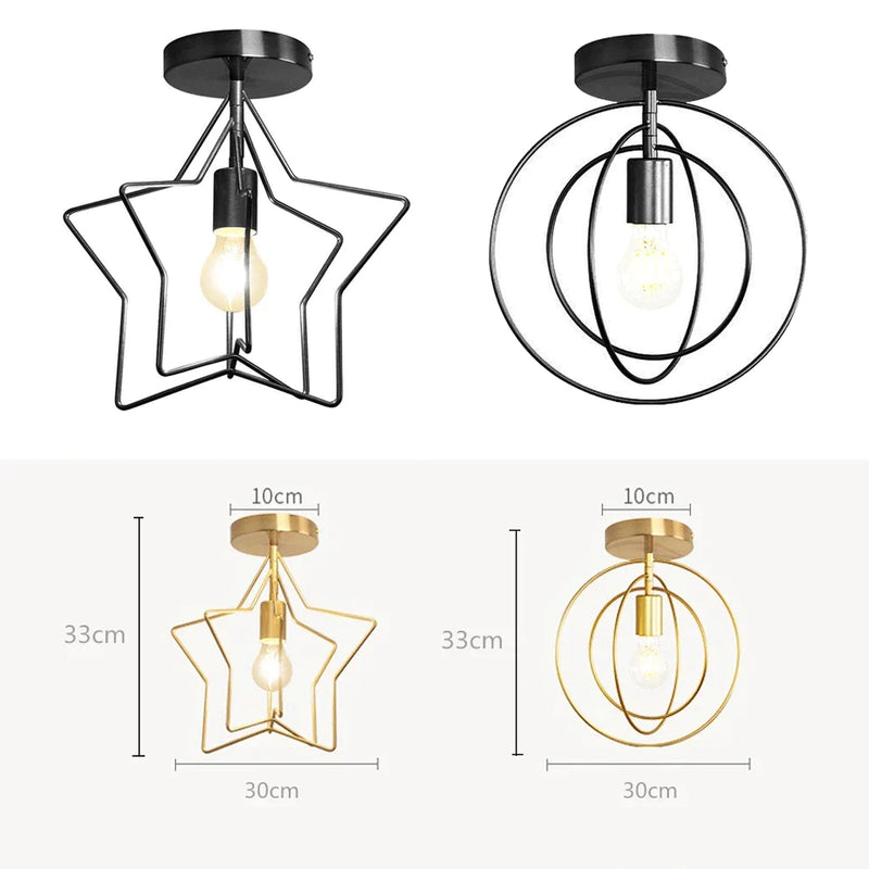 Afralia™ Pentagram Iron Ceiling Light Retro Circle E27 Black/Champagne Gold Restaurant Bar