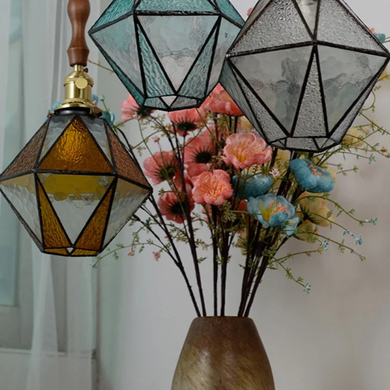 Afralia™ Brass Vintage LED Pendant Light Fixture Walnut Wood Glass Dining Room Lights