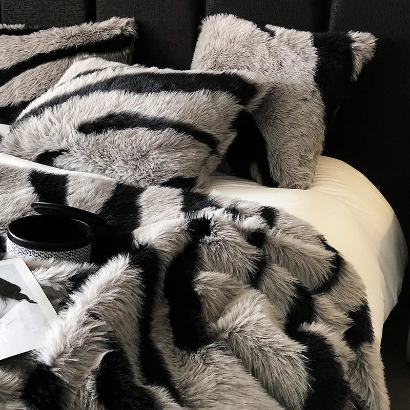 Afralia™ Zebra Print Faux Fur Blanket - Luxurious Bed Linen, Fox Fur Throw, Sofa Plaid