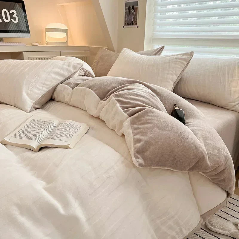 Afralia™ High-Density Milk Fleece Duvet Set with Winter Warmth King Bedding & Plush Blanket Cover
