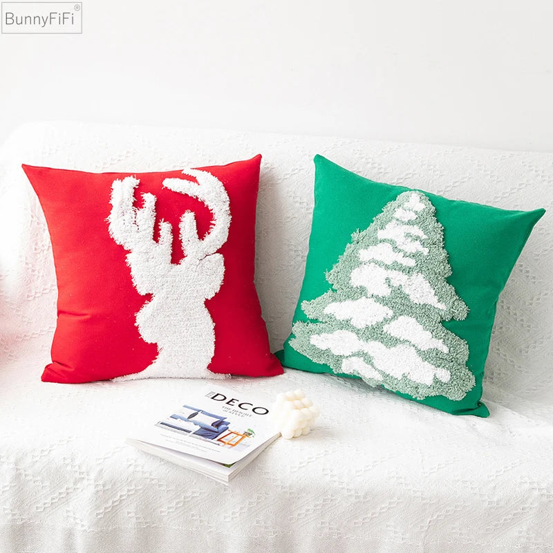 Afralia™ Christmas Tree Reindeer Snow Green Red Pillowcase Square 45x45cm Home Decor