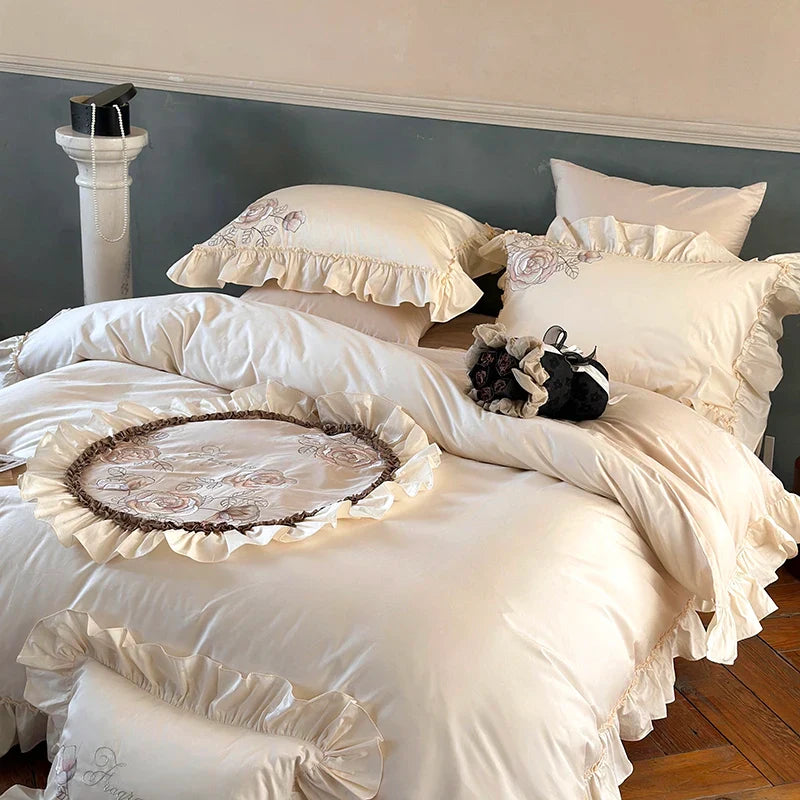 Afralia™ Luxe Rose Flowers Embroidery Bedding Set 1000TC Egyptian Cotton Queen King