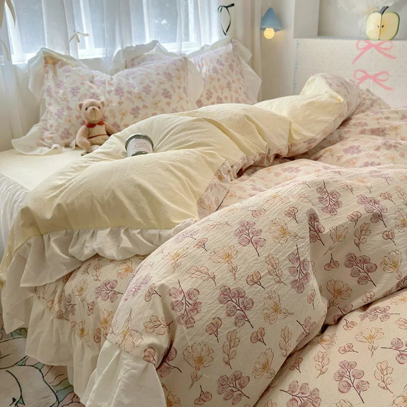 Afralia™ French Washed Cotton Princess Flower Quilt Cover Set - Spring Floral Bedding
