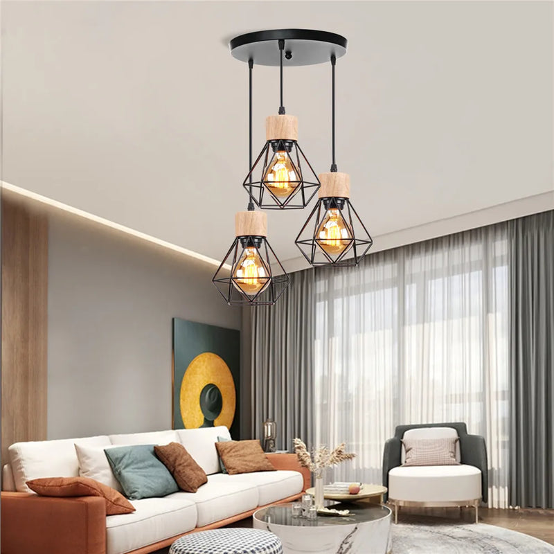 Afralia™ Modern 3-Heads Chandelier with Wooden Lampshade for Kitchen Island & Bedroom