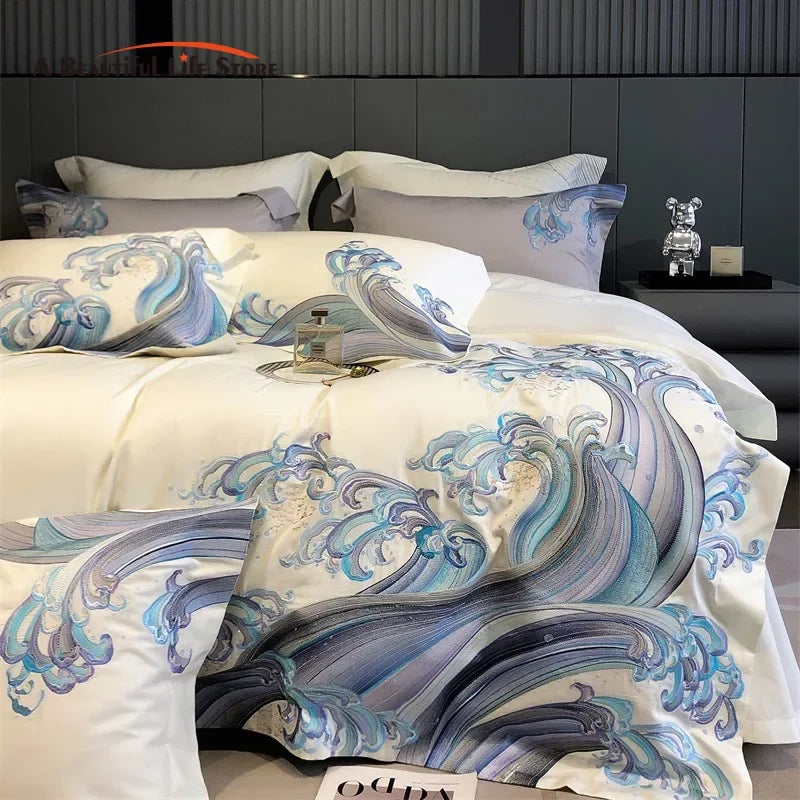 Afralia™ Blue Tides Waves Embroidery 1200TC Luxury Bedding Set with Duvet Cover, Sheet, Pillowcases