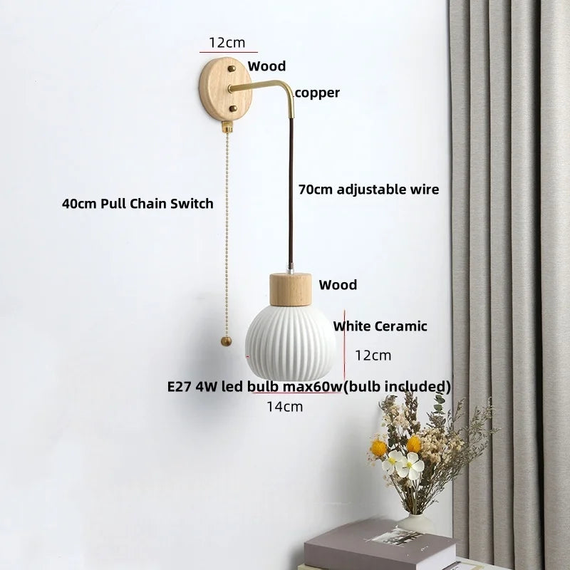 Afralia™ Nordic LED Wall Sconce Pull Chain Switch Ceramic Wood Mirror Light