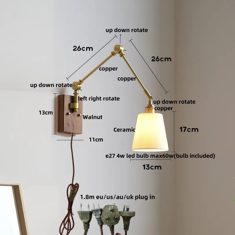 Afralia™ Wood LED Wall Light with Pull Chain Switch & Rotatable Amber Glass