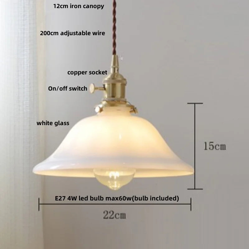 Afralia™ White Glass Copper LED Pendant Light Fixture for Study Bedroom Restaurant